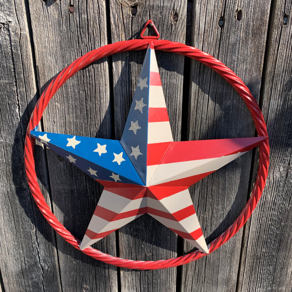 AMERICAN Flag USA Metal Barn Star RED , BEIGE, NAVY BLUE WITH RED Rope Ring Western Home Decor Handmade 12",16",24",30",34",36",40",48"