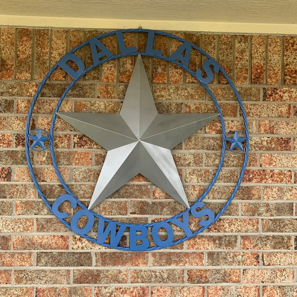 DALLAS COWBOYS SILVER & LIGHT BLUE BARN STAR CUSTOM VINTAGE METAL LONE STAR ART WESTERN HOME DECOR SIZE:24",32",36",40",42",44",46",50"