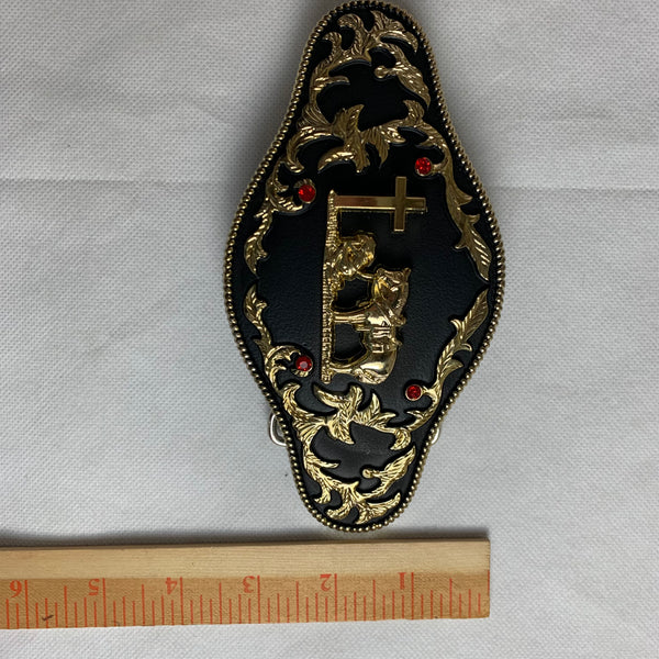 6.5" X 3.5" COWBOY PRAYER CHURCH RHINESTONE BELT BUCKLE BLACK & GOLD WESTERN BUCKLE FASHION ART NEW #EH12272