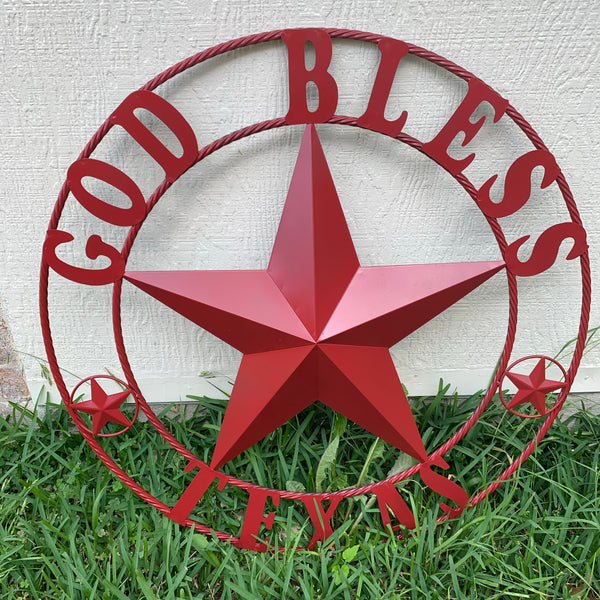 24",32",40",50" BURGUNDY RED GOD BLESS TEXAS BARN STAR ROPE RING METAL WALL ART WESTERN HOME DECOR NEW