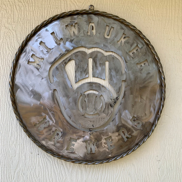 24" MILWAUKEE BREWERS RAW METAL WIDE BAND DISC STYLE CUSTOM METAL VINTAGE CRAFT TEAM SIGN HANDMADE