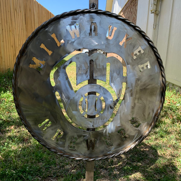 24" MILWAUKEE BREWERS RAW METAL WIDE BAND DISC STYLE CUSTOM METAL VINTAGE CRAFT TEAM SIGN HANDMADE