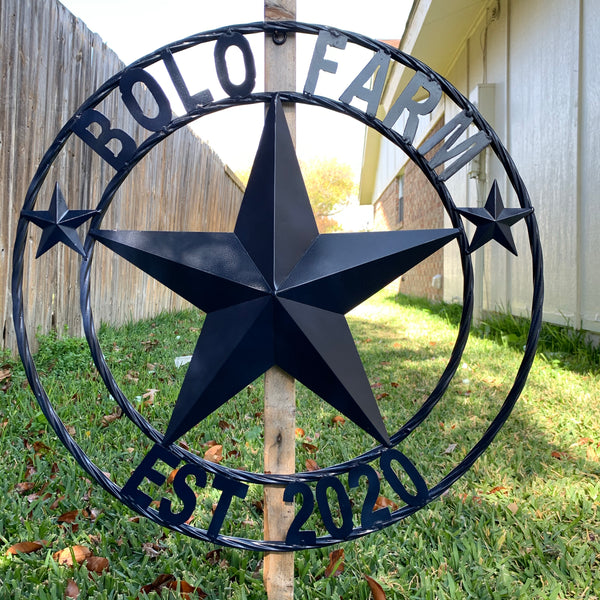 CREEKSIDE FARM STYLE YOUR CUSTOM NAME BARN BLACK STAR 3d WITH TWISTED ROPE RING DESIGN METAL WALL ART WESTERN HOME DECOR NEW HANDMADE, 24", 32", 36", 40", 44", 46", 50"