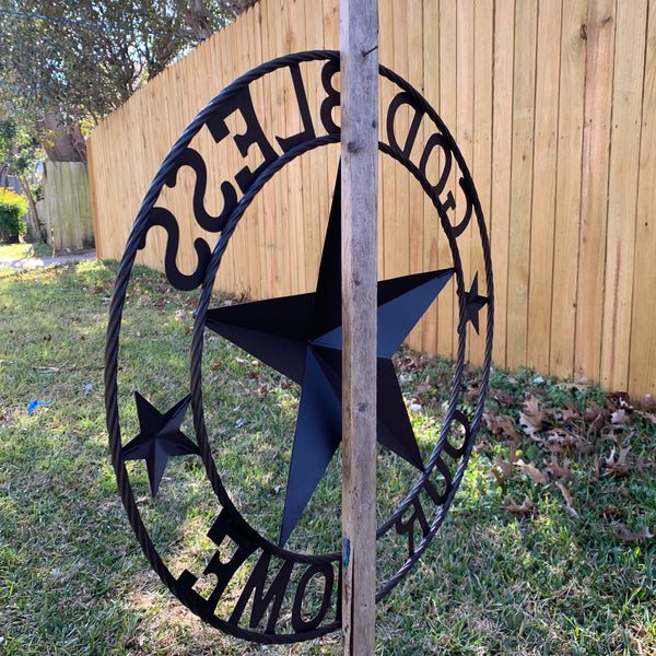#EH11021 GOD BLESS OUR HOME BARN METAL STAR TWISTED ROPE RING WESTERN HOME DECOR HANDMADE NEW