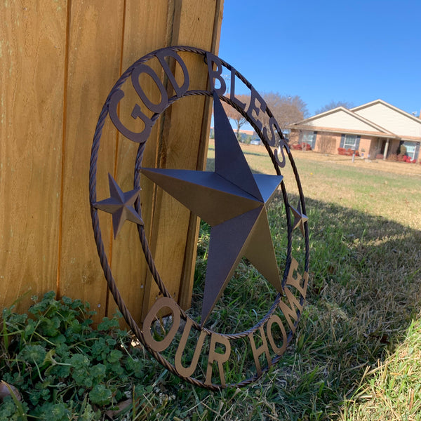 #EH11021 GOD BLESS OUR HOME BARN METAL STAR TWISTED ROPE RING WESTERN HOME DECOR HANDMADE NEW