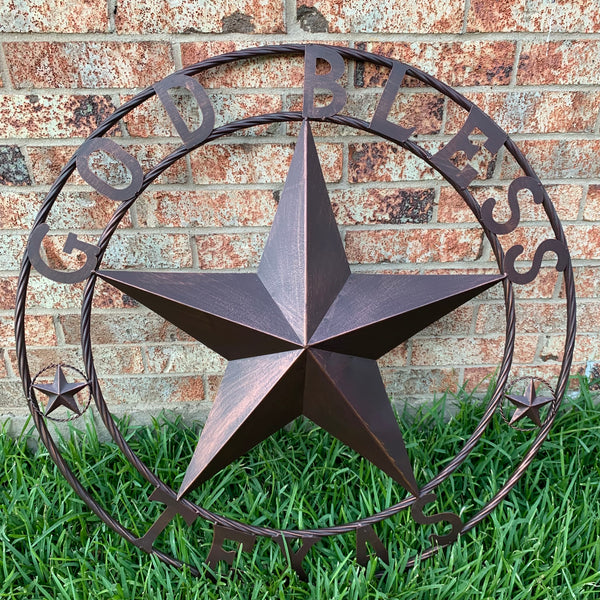 #EH10197 GOD BLESS TEXAS BARN STAR METAL LONESTAR TWISTED ROPE RING WESTERN HOME DECOR HANDMADE NEW