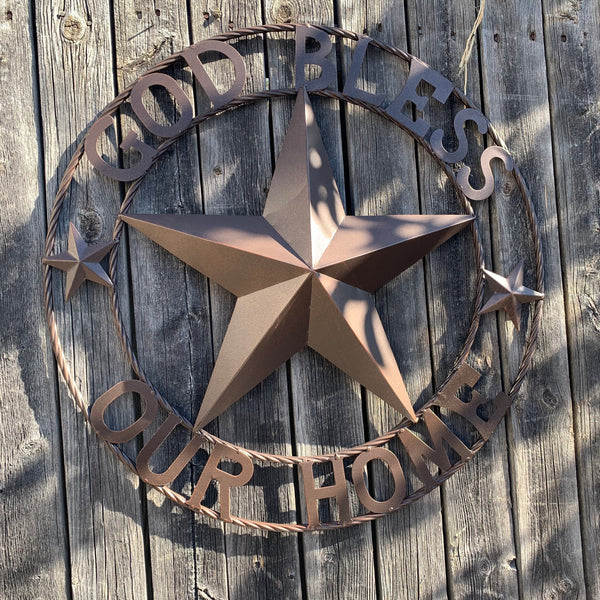 #EH11021 GOD BLESS OUR HOME BARN METAL STAR TWISTED ROPE RING WESTERN HOME DECOR HANDMADE NEW