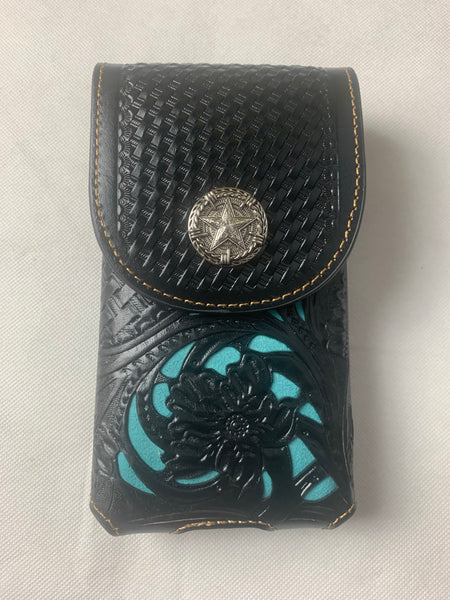 #LG1006 7" LONE STAR BLACK & TURQUOISE LEATHER POUCH EXTRA LARGE  BELT LOOP HOLSTER CELL PHONE CASE UNIVERSAL OVERSIZE--FREE SHIPPING