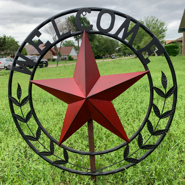 24" WELCOME LEAF LEAVES STAR METAL WALL ART WESTERN HOME DECOR RUSTIC RED HANDMADE