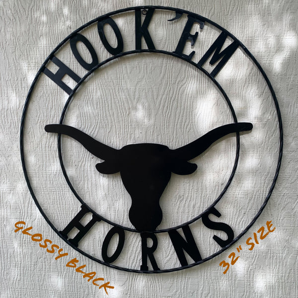 HOOKEM HORNS GLOSSY BLACK TEXAS LONGHORNS HOOK EM METAL CUSTOM VINTAGE CRAFT WALL ART TEAM SIGN HANDMADE