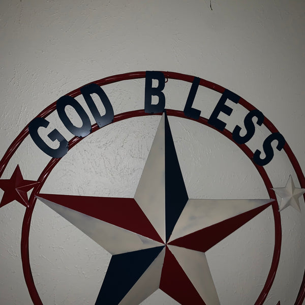 #EH10489 GOD BLESS AMERICA USA FLAG BARN STAR METAL RED WHITE BLUE WESTER HOME DECOR HANDMADE NEW