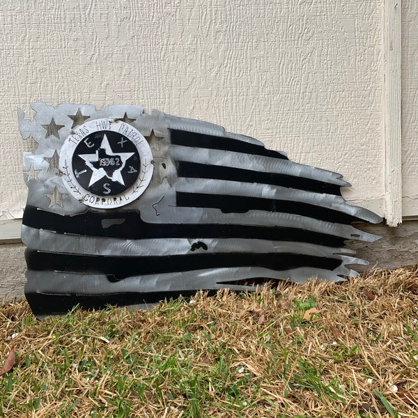 TEXAS HIGHWAY PATROL TATTERED FLAG WITH BADGE# CUSTOM METAL VINTAGE CRAFT ART WESTERN HOME DECOR