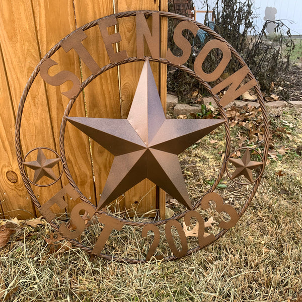 STENSON STYLE YOUR CUSTOM STAR NAME BARN METAL STAR 3d TWISTED ROPE RING WESTERN HOME DECOR RUSTIC BRONZE COPPER NEW HANDMADE 24",32",34",36",40",42",44",46",50"