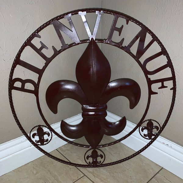24", 32" FLEUR DE LIS BIENVENUE METAL WALL ART WESTERN HOME DECOR RUSTIC BROWN NEW