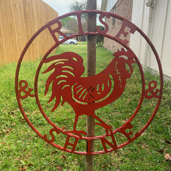 #SI_B9504 RISE & SHINE 24" RED ROOSTER CHICKEN METAL SIGN WESTERN HOME DECOR HANDMADE NEW