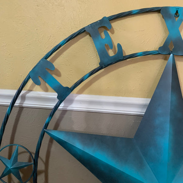 50" TEXAS LONESTAR TURQUOISE DISTRESSED TWO TONE METAL BARN STAR TWISTED ROPE RING WALL ART WESTERN HOME DECOR HANDMADE NEW #EH10483