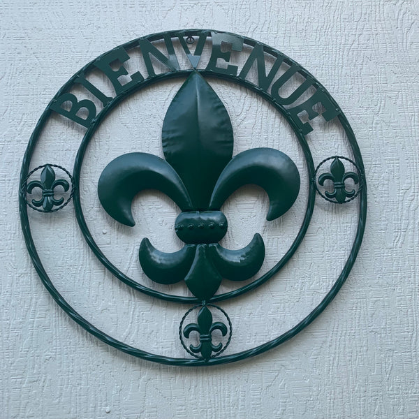 24", 32" GLOSSY HUNTER GREEN FLEUR DE LIS BIENVENUE METAL WALL ART WESTERN HOME DECOR