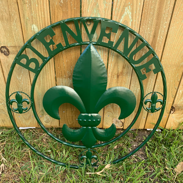 24", 32" GLOSSY HUNTER GREEN FLEUR DE LIS BIENVENUE METAL WALL ART WESTERN HOME DECOR