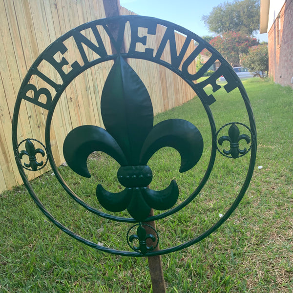 24", 32" GLOSSY HUNTER GREEN FLEUR DE LIS BIENVENUE METAL WALL ART WESTERN HOME DECOR
