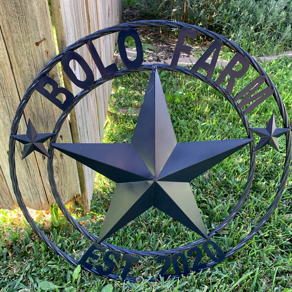 CREEKSIDE FARM STYLE YOUR CUSTOM NAME BARN BLACK STAR 3d WITH TWISTED ROPE RING DESIGN METAL WALL ART WESTERN HOME DECOR NEW HANDMADE, 24", 32", 36", 40", 44", 46", 50"