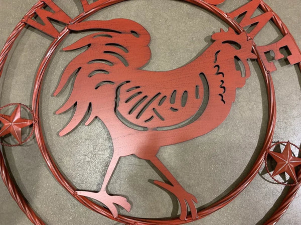 24" ROOSTER WELCOME WITH RING DESIGN WESTERN METAL ANIMAL ART HOME WALL DECOR BRAND NEW