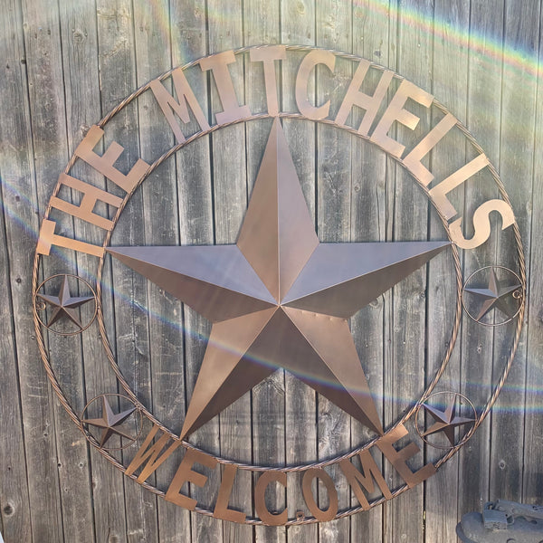 MITCHELLS STYLE YOUR CUSTOM NAME FAMILY WELCOME STAR METAL BARN STAR ROPE RING WESTERN HOME DECOR VINTAGE RUSTIC BROWN NEW HANDMADE 24",32",36",40",42",44",46",50"