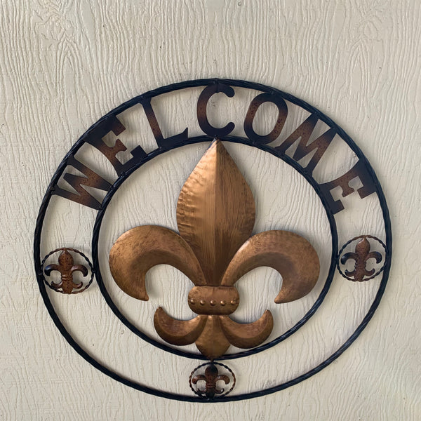 24", 32" WELCOME FLEUR DE LIS METAL WALL ART WESTERN HOME DECOR GOLD & BLACK