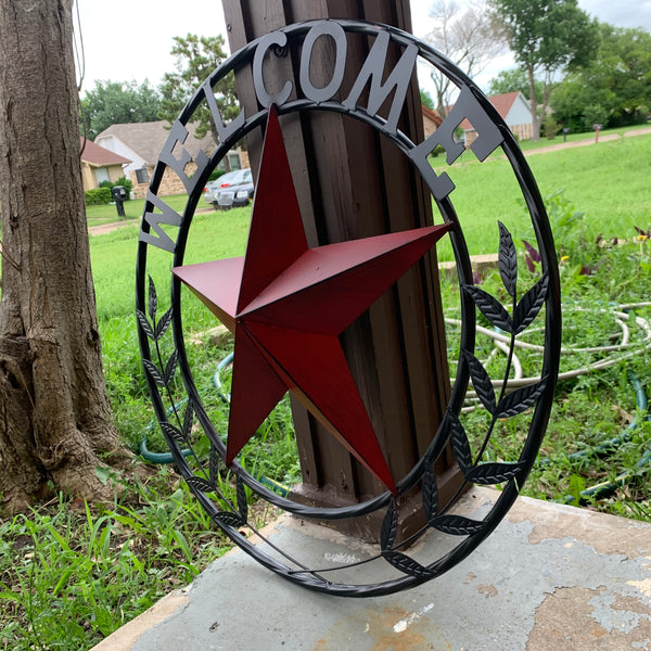 24" WELCOME LEAF LEAVES STAR METAL WALL ART WESTERN HOME DECOR RUSTIC RED HANDMADE