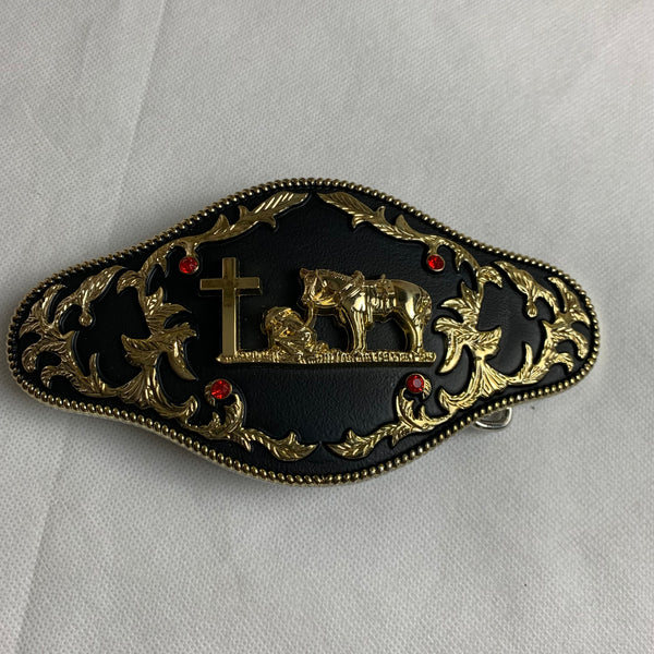 6.5" X 3.5" COWBOY PRAYER CHURCH RHINESTONE BELT BUCKLE BLACK & GOLD WESTERN BUCKLE FASHION ART NEW #EH12272