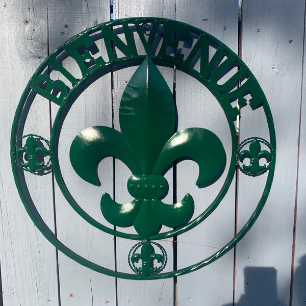 24", 32" GLOSSY HUNTER GREEN FLEUR DE LIS BIENVENUE METAL WALL ART WESTERN HOME DECOR