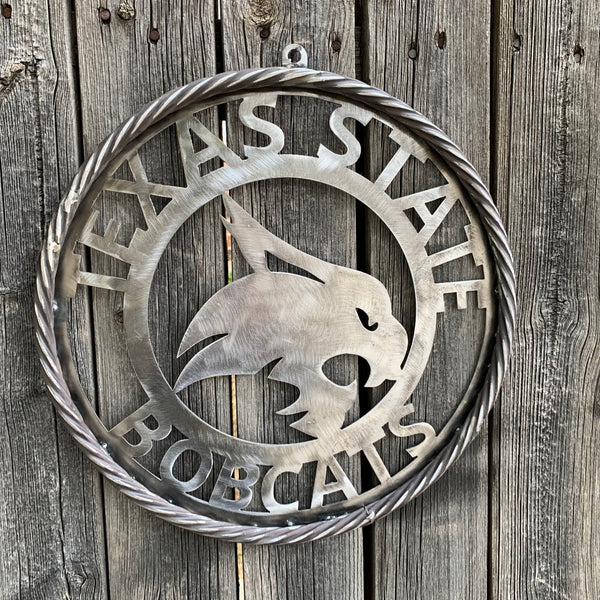 12" TEXAS STATE BOBCATS CUSTOM RAW METAL VINTAGE CRAFT SIGN TEAM ART HANDMADE IN TEXAS