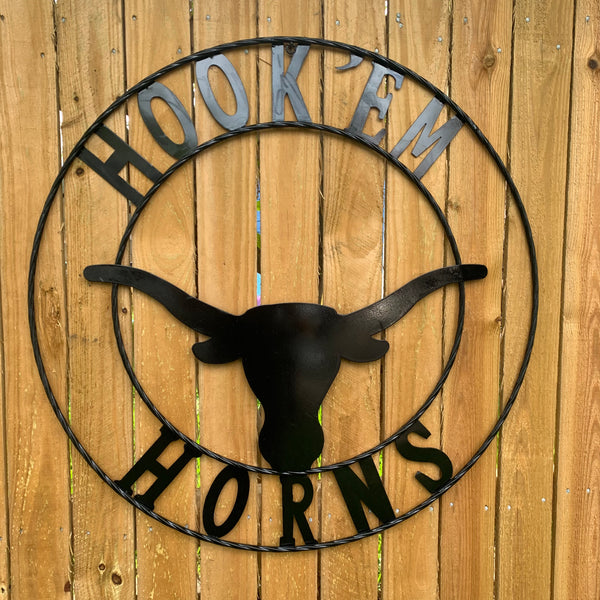 HOOKEM HORNS GLOSSY BLACK TEXAS LONGHORNS HOOK EM METAL CUSTOM VINTAGE CRAFT WALL ART TEAM SIGN HANDMADE