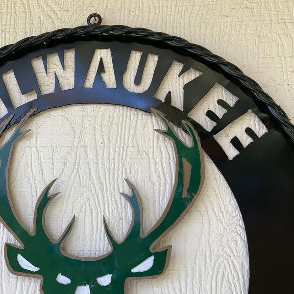 24" MILWAUKEE BUCKS WIDE BAND DISC STYLE METAL CUSTOM VINTAGE CRAFT TEAM SPORTS SIGN HANDMADE