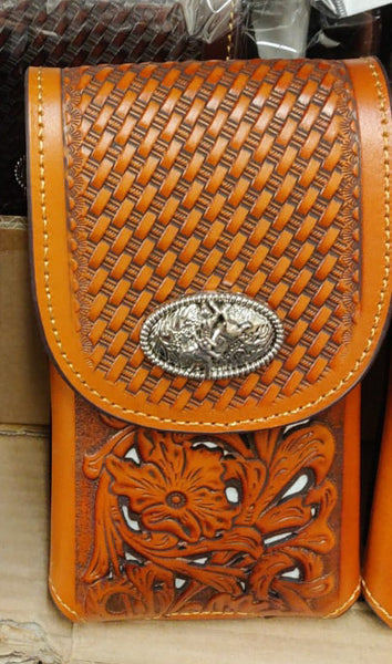 #LG703907  7" RODEO BULL RIDER BROWN TAN LEATHER POUCH EXTRA LARGE  BELT LOOP HOLSTER CELL PHONE CASE UNIVERSAL OVERSIZE--FREE SHIPPING
