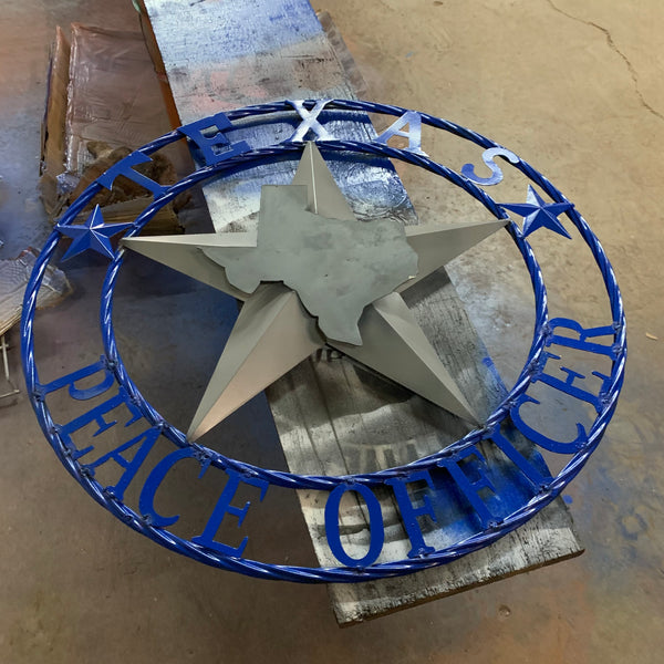 24", 32", 36",40" TEXAS PEACE OFFICER BARN CUSTOM STAR METAL WALL WESTERN HOME DECOR RUSTIC BLUE & GREY HANDMADE