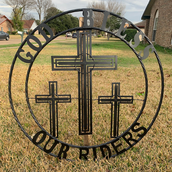 40"GOD BLESS OUR RIDERS CRUCIFIX BLACK CROSS METAL WALL ART HANDMADE