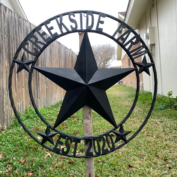 CREEKSIDE FARM STYLE YOUR CUSTOM NAME BARN BLACK STAR 3d WITH TWISTED ROPE RING DESIGN METAL WALL ART WESTERN HOME DECOR NEW HANDMADE, 24", 32", 36", 40", 44", 46", 50"