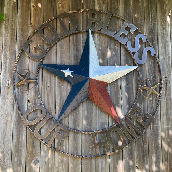 24", 32", 40" GOD BLESS OUR HOME LICENSE PLATE BARN METAL STAR ROPE RING WALL ART WESTERN HOME DECOR RED WHITE & BLUE
