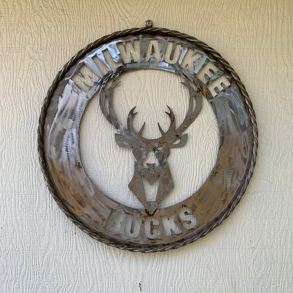 24" MILWAUKEE BUCKS RAW METAL WIDE BAND DISC STYLE METAL CUSTOM VINTAGE CRAFT TEAM SPORTS SIGN HANDMADE