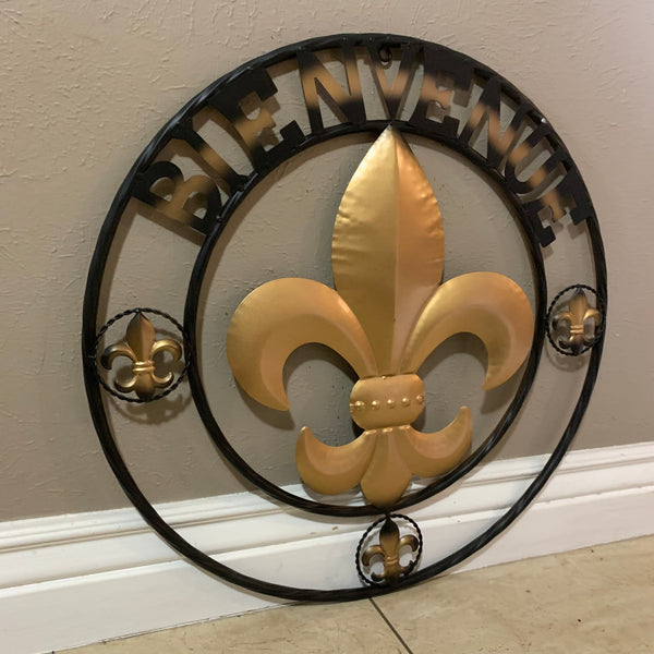 BIENVENUE FLEUR DE LIS METAL WALL ART WESTERN HOME DECOR RUSTIC GOLD & BLACK NEW--FREE SHIPPING