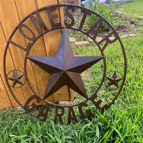LONESTAR GARAGE STYLE CUSTOM BARN NAME STAR LONESTAR GARAGE METAL NAME BARN STAR WITH TWISTED ROPE RING 3d STAR ART WESTERN HOME DECOR RUSTIC BROWN