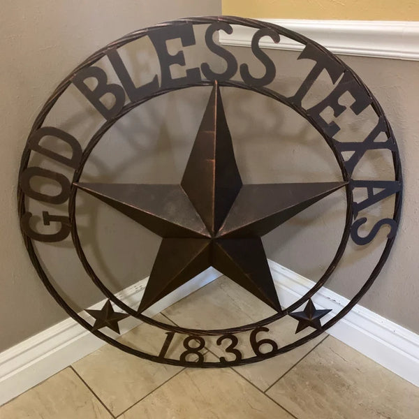 24",32" 1836 GOD BLESS TEXAS 1836 BARN METAL STAR TWISTED ROPE RING WESTERN HOME DECOR RUSTIC BRONZE NEW