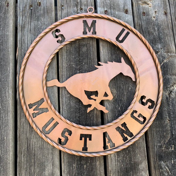 SMU MUSTANGS HAMMERED COPPER METAL CUSTOM VINTAGE CRAFT WALL ART TEAM SIGN HANDMADE