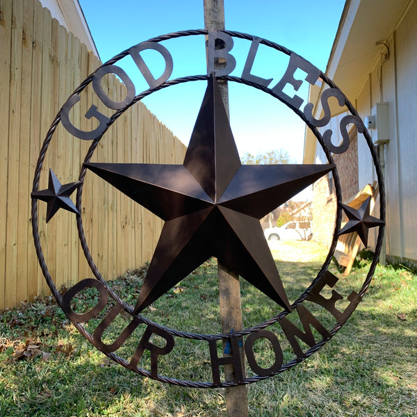 #EH11021 GOD BLESS OUR HOME BARN METAL STAR TWISTED ROPE RING WESTERN HOME DECOR HANDMADE NEW
