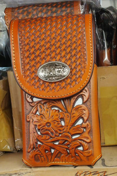 #LG703907  7" COWBOY PRAYING CHURCH TAN BROWN LEATHER POUCH EXTRA LARGE  BELT LOOP HOLSTER CELL PHONE CASE UNIVERSAL OVERSIZE