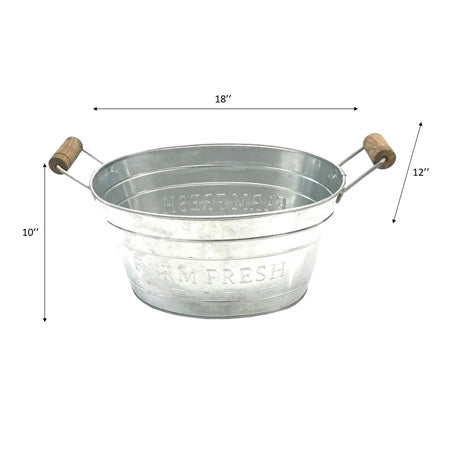 18" GALV. FARM FRESH WOOD HANDLE OVAL METAL TUB BUCKET WESTERN HOME DECOR NEW #EH12499