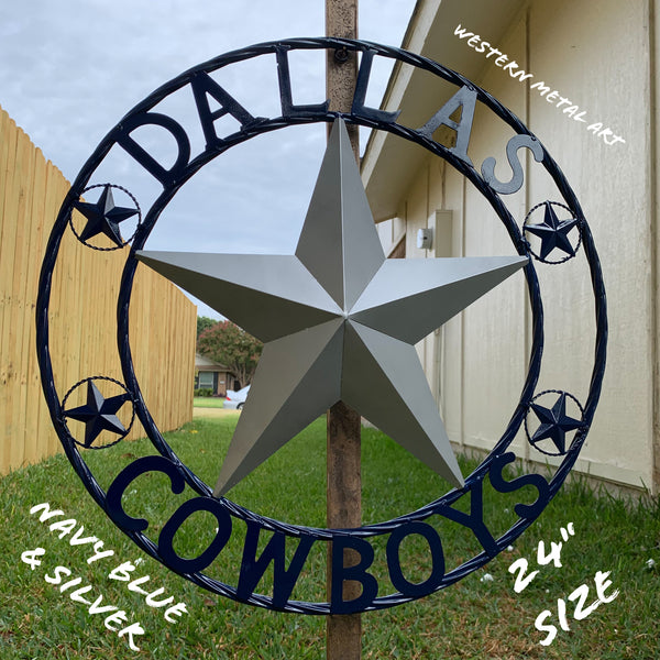 DALLAS COWBOYS SILVER & NAVY BLUE BARN STAR CUSTOM METAL VINTAGE LONE STAR WESTERN HOME DECOR HANDMADE 24",32",36",40",42",44",46",48",50"