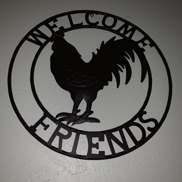 24" WELCOME FRIENDS ROOSTER WESTERN METAL ANIMAL ART HOME WALL ART RUSTIC BROWN COLOR