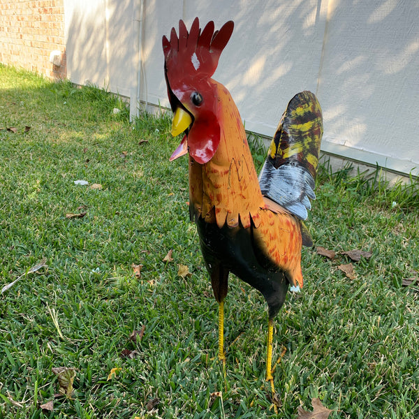 #34-025 RUSTIC ORANGE RED ROOSTER 18",30",40" GARDEN METAL ANIMAL SCULPTURE METAL DECOR ORNAMENT 16"L x 20" high
