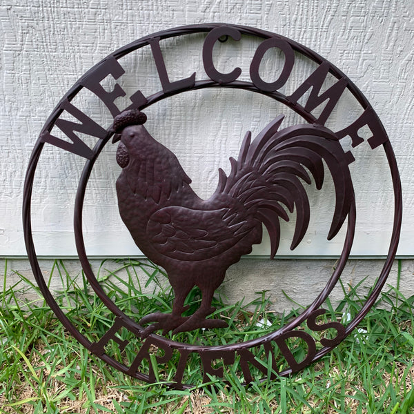 24" WELCOME FRIENDS ROOSTER WESTERN METAL ANIMAL ART HOME WALL ART RUSTIC BROWN COLOR